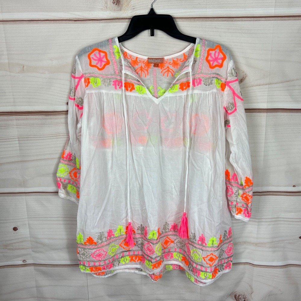 Saffire Top Womens S White Embroidered Tunic Blouse Tassels 3/4 Sleeve Cotton